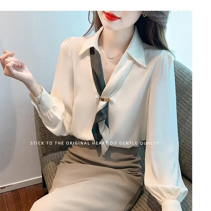 Women’s Bow Tie Blouse - Elegant Korean Fashion V-Neck Long Sleeve Office Top