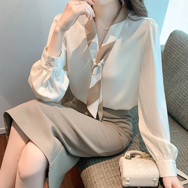 Chiffon Blouse for Women - Elegant Lace-Up V-Neck Long Sleeve Office Top