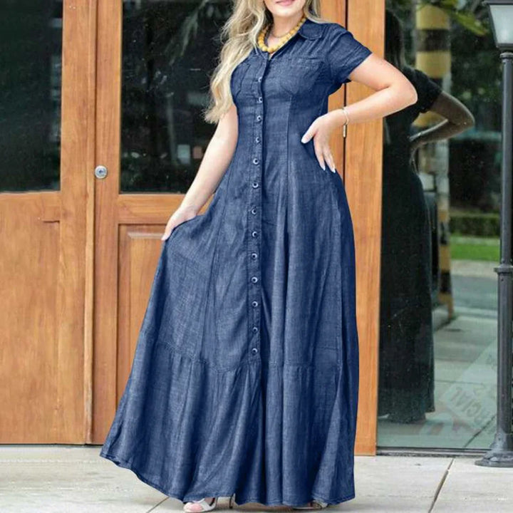 Fashionable Casual Denim Long Dress with Turn-Down Collar and Button Design