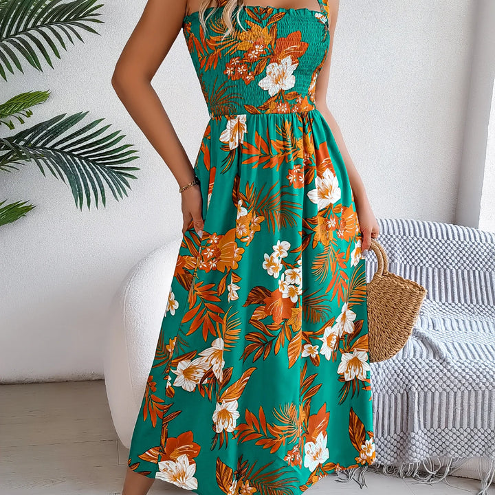 Elegant Square Neck Floral Dress - Waist-Tied Summer Vacation Outfit