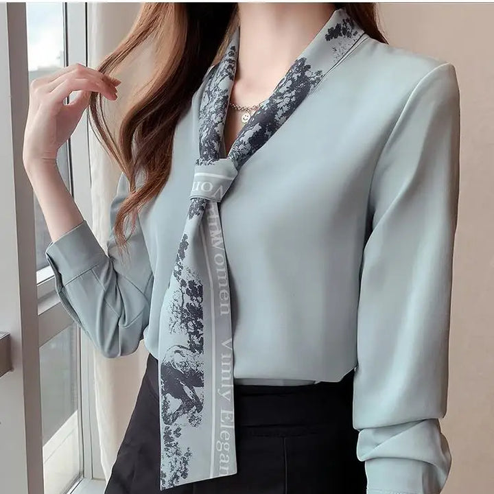 Spring Autumn Scarf Collar Shirt - Elegant Long Sleeve Office Blouse