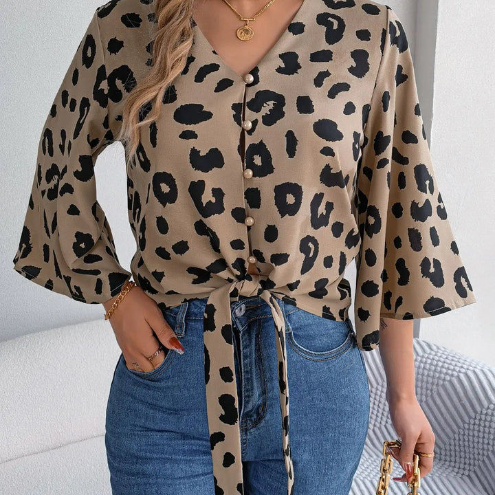 Casual V Neck 3/4 Sleeve Button Front Leopard Print Blouse, Women's Clothing