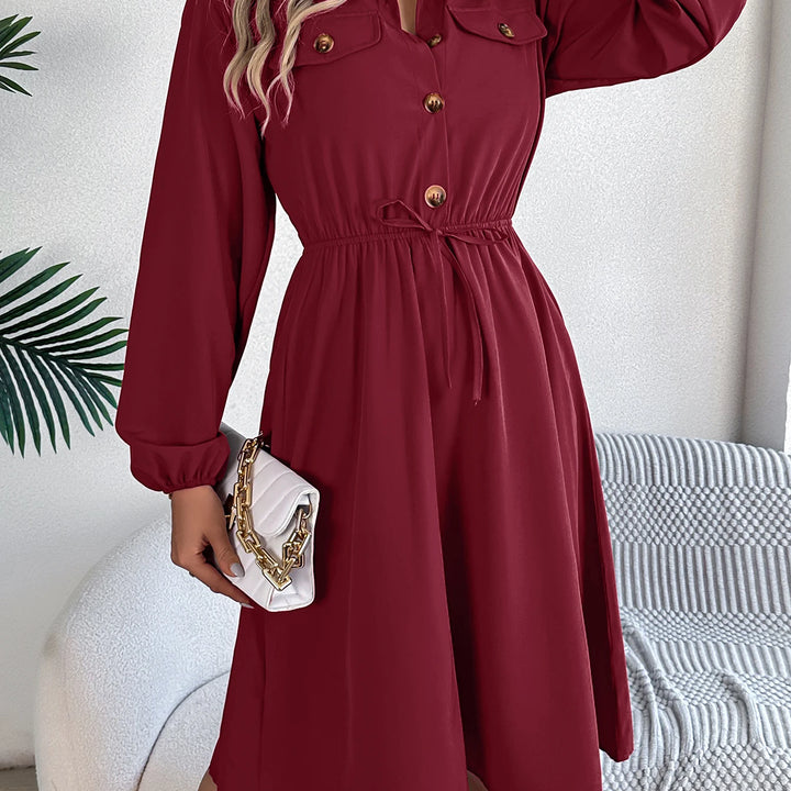 Elegant Button Front Lantern Sleeve Dress - Cinched Waist