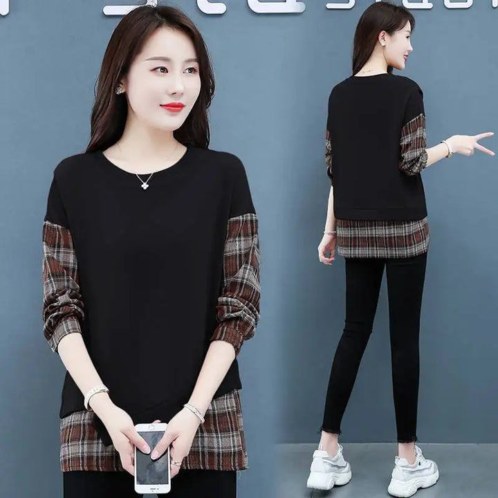 Autumn Plaid Sweatshirt - Casual Round Neck Long Sleeve Patchwork Top