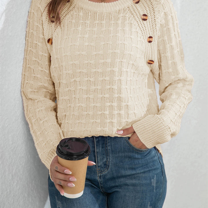 Casual Round Neck Twisted Button Sweater - Long Sleeve Knitted Pullover