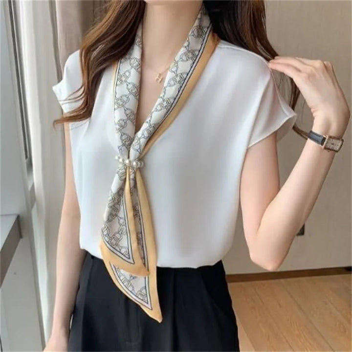 Women's Summer V-Neck Blouse - Casual Batwing Sleeve with Bow Tie