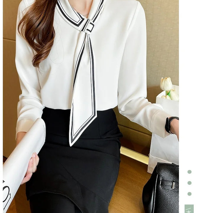 White Chiffon Blouse - Elegant Scarf Collar Long Sleeve Office Top