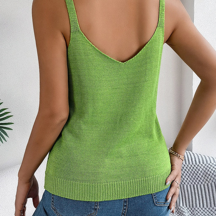 Casual V Neck Sleeveless Eyelet Knitted Chain Strap Top