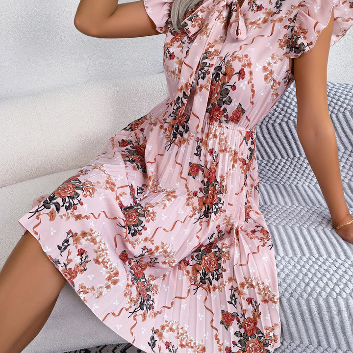 Casual Floral Print Ruffle Trim Slim Waist Pleated Dress