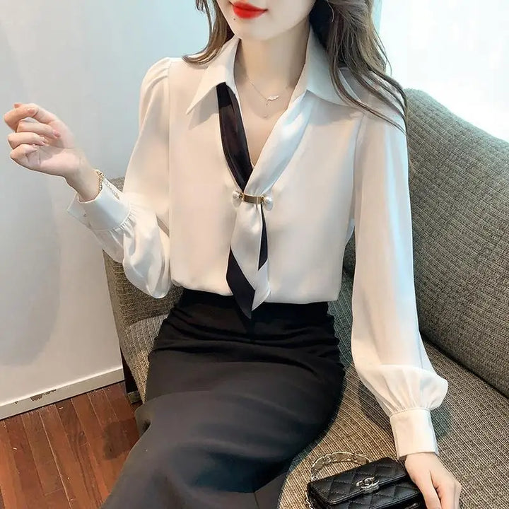 Women’s Bow Tie Blouse - Elegant Korean Fashion V-Neck Long Sleeve Office Top