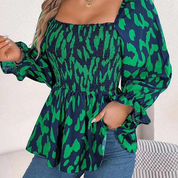 Casual Allover Print Square Neck Shirred Ruffle Hem Blouse