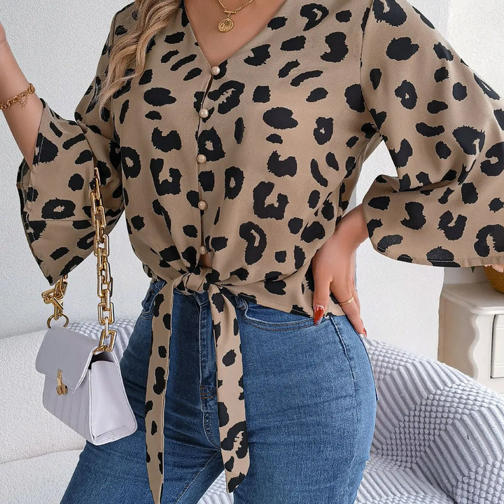 Casual V Neck 3/4 Sleeve Button Front Leopard Print Blouse, Women's Clothing