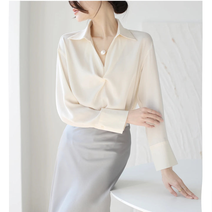 Autumn Casual Turn-Down Collar Blouse - Off-White Chiffon Long Sleeve Shirt