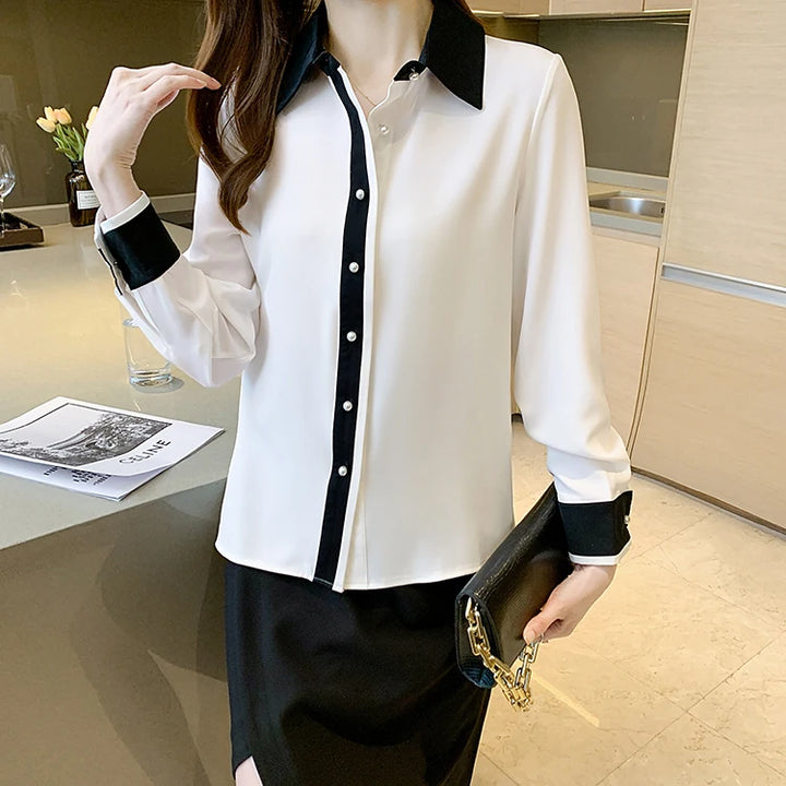 Contrast Color Single Row Pearl Buckle Office Blouse Female Shirt Long Sleeve Casual Tops Autumn Women Loose Blouses