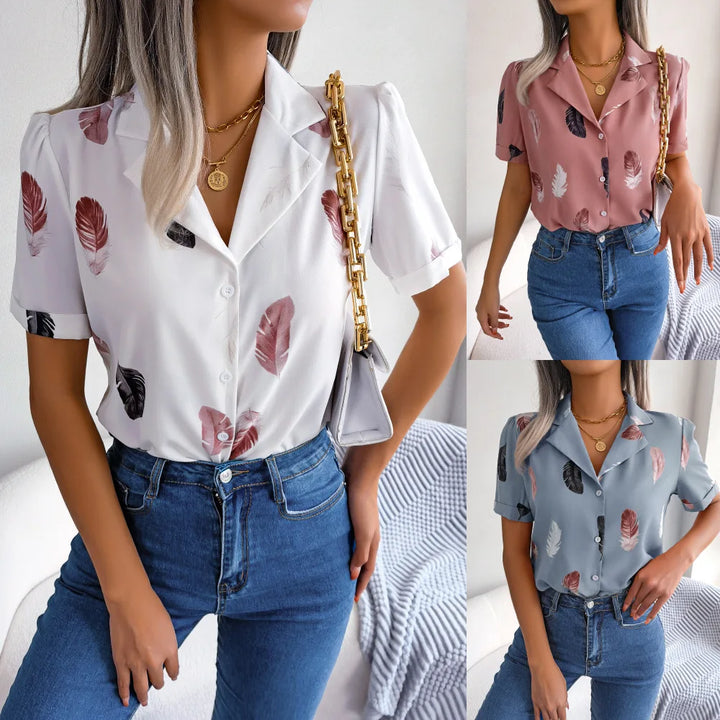 Spring Summer Casual Notched Collar Button Front Feather Printed Short Sleeved Shirt Women Blouse