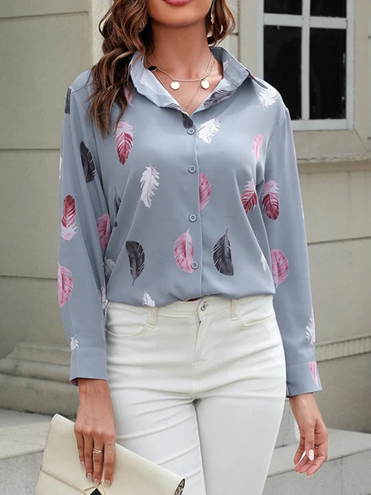 Casual Turn-Down Collar Front Button Feather Print Long Sleeved Shirt Women Blouse