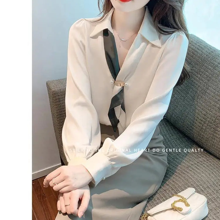 Women’s Bow Tie Blouse - Elegant Korean Fashion V-Neck Long Sleeve Office Top