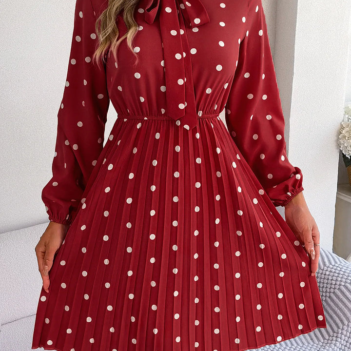 Casual Tie-neck Polka-dot Print Cinched Waist Pleat Dress For Women