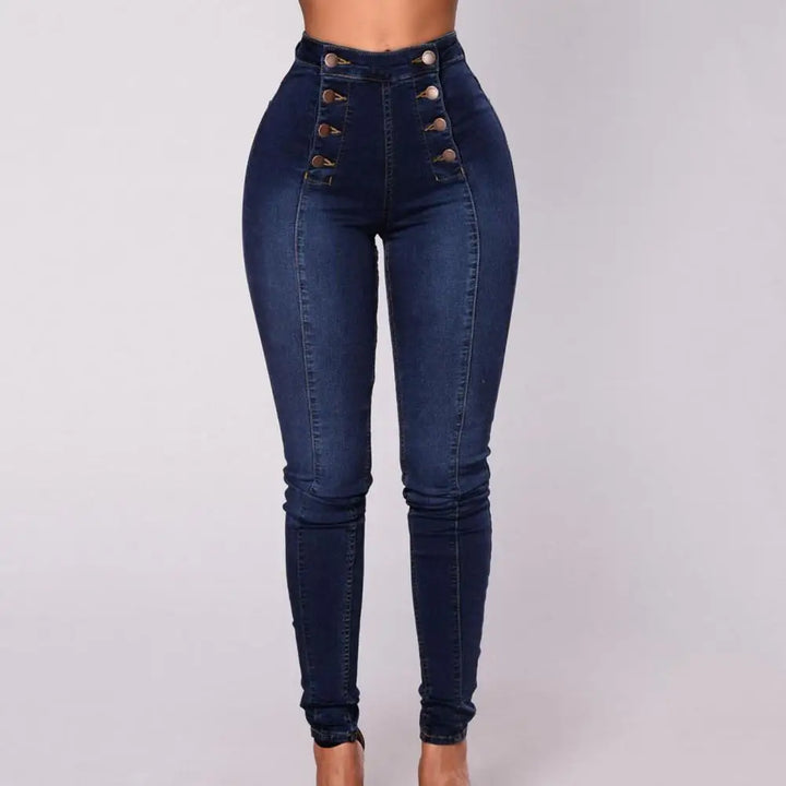 High Waist Push-Up Skinny Jeans – Button Decor, Double-Breasted Style