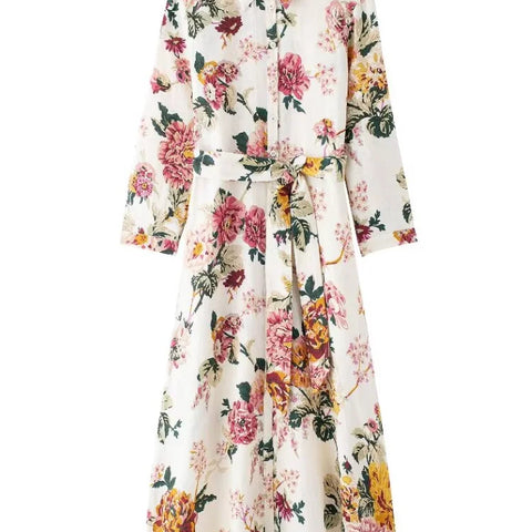 Zevity Vintage Floral Midi Dress - Bow Sashes Turn-Down Collar Casual Slim