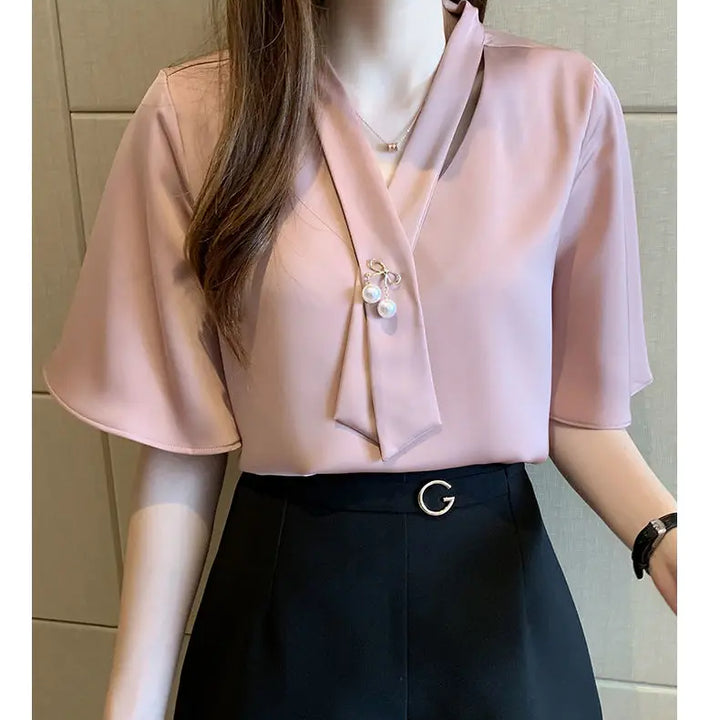 Short Sleeve V-neck Chiffon Blouse - Breathable Slim Elegant Summer Office Top