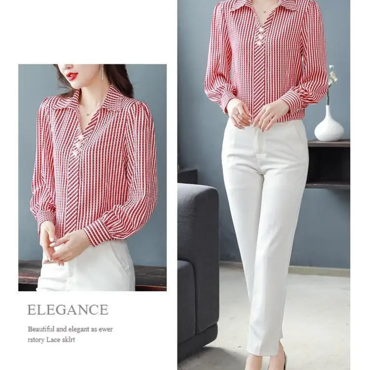 Striped Print Fashion Blouse - Elegant Office Lady Long Sleeve Shirt