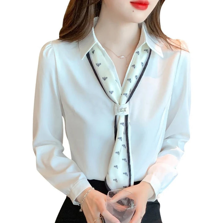 Women's Polo-Neck Blouse - Bow Patchwork Long Sleeve Office Casual Top