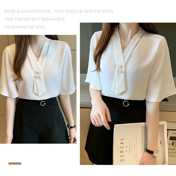 Short Sleeve V-neck Chiffon Blouse - Breathable Slim Elegant Summer Office Top