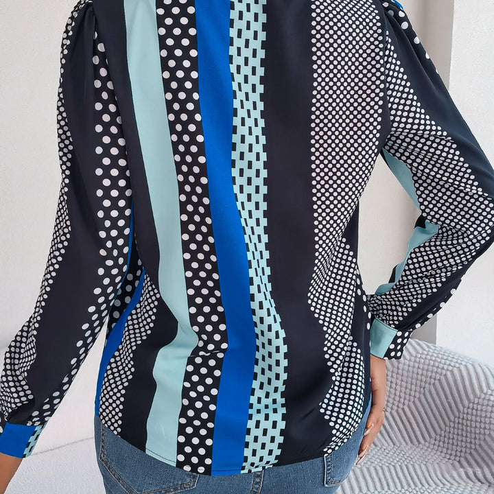 Casual Button Front Long Sleeve Stripe & Polka Dot Print Shirt, Women's Clothing