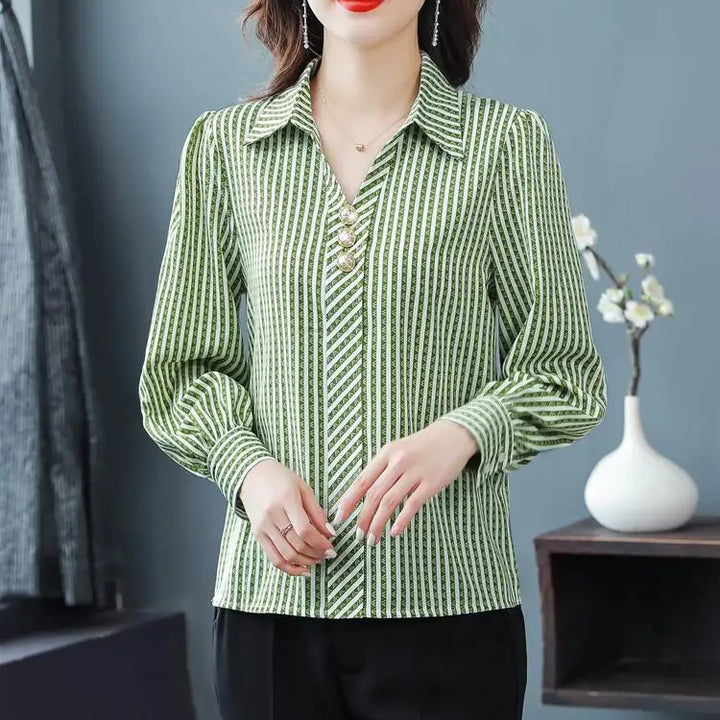 Striped Print Fashion Blouse - Elegant Office Lady Long Sleeve Shirt