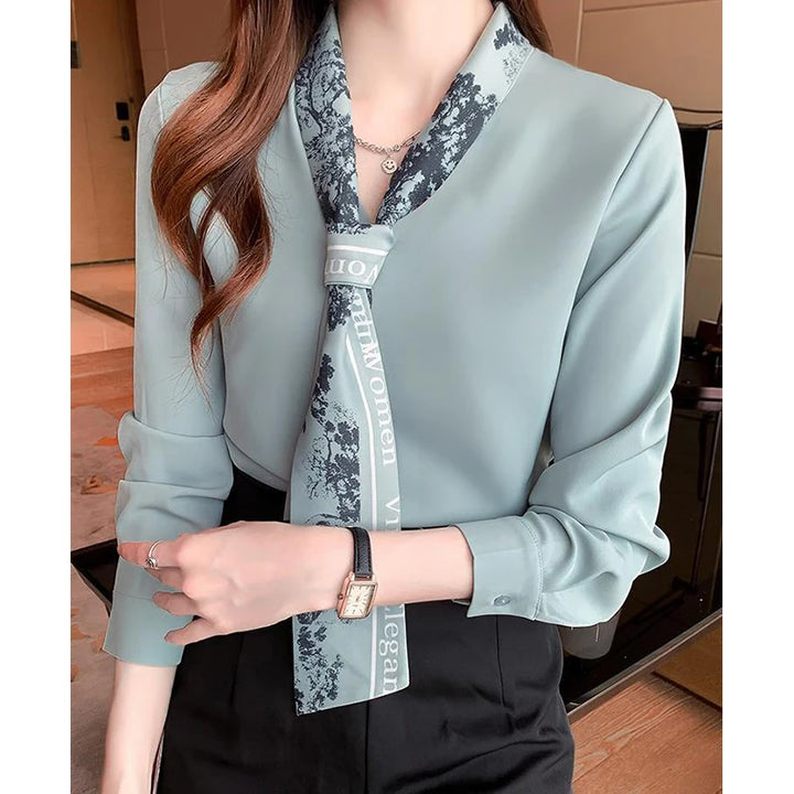 Spring Autumn Scarf Collar Shirt - Elegant Long Sleeve Office Blouse