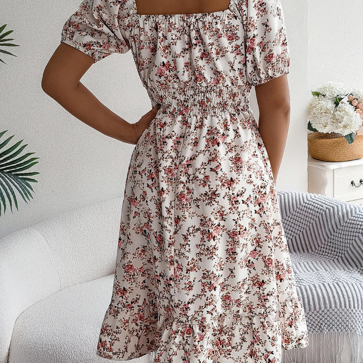 Casual Square Neck Shirred Waist Floral Print Short Sleeve Ruffle Hem Dress For Summer