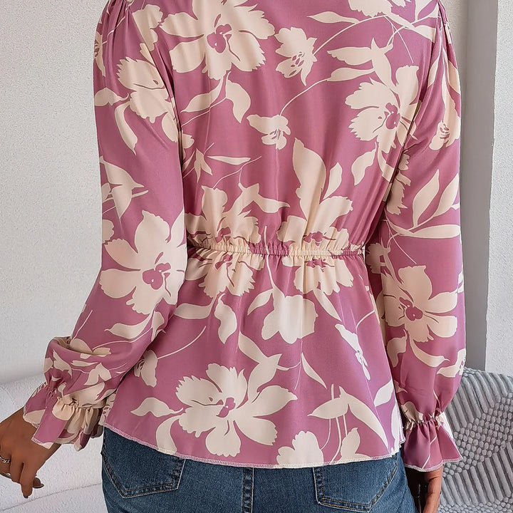 Vacation Style Tie Neck Long Sleeve Waist-tied Floral Print Blouse