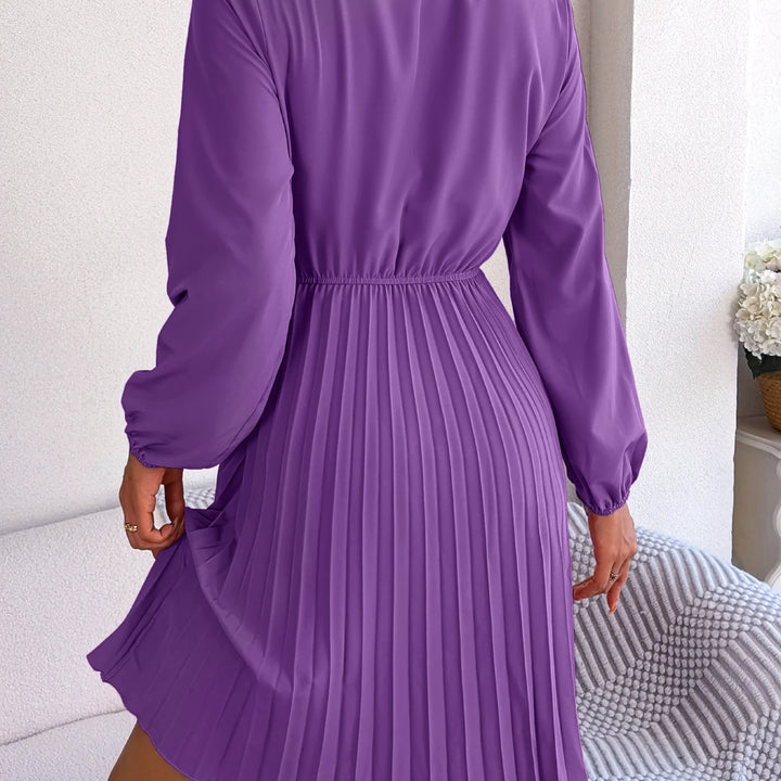 Casual Tie Front Mock Neck Long Sleeve Pleated Dress For Spring & Fall