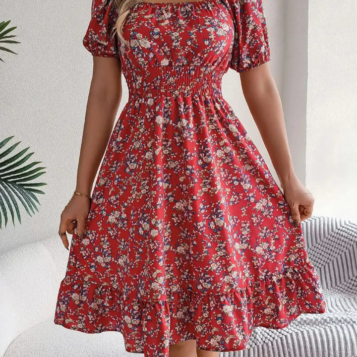 Casual Square Neck Shirred Waist Floral Print Short Sleeve Ruffle Hem Dress For Summer