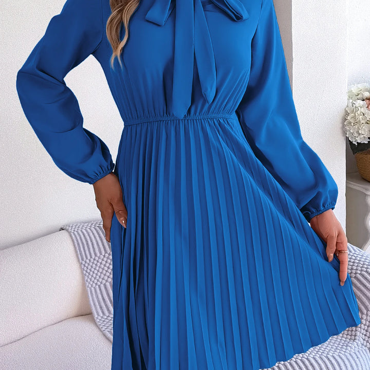 Casual Tie Front Mock Neck Long Sleeve Pleated Dress For Spring & Fall