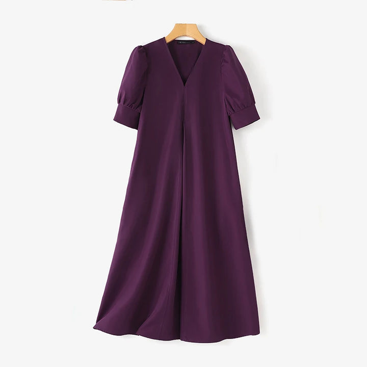 ZANZEA V-neck Pleated Midi Dress with puff sleeves, loose fit