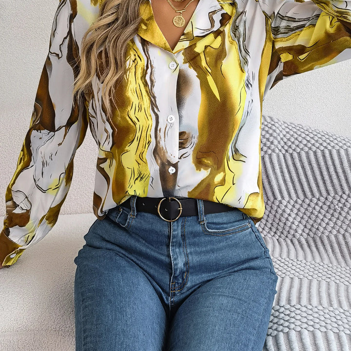 Casual All Over Print Notch Collar Button Long Sleeve Shirt