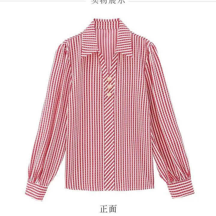 Striped Print Fashion Blouse - Elegant Office Lady Long Sleeve Shirt