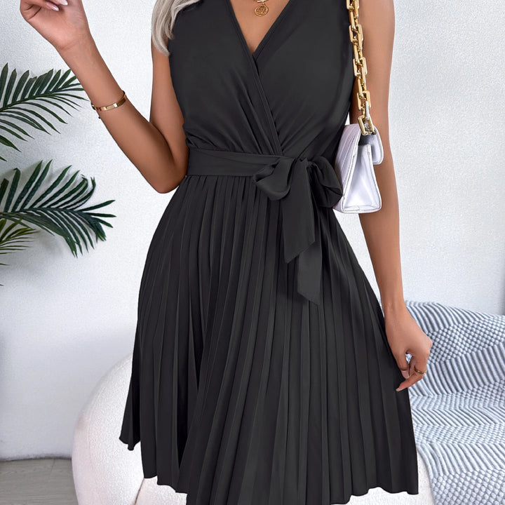 Casual V Neck Solid Sleeveless Versatile Pleated Dress, Women's Clothing