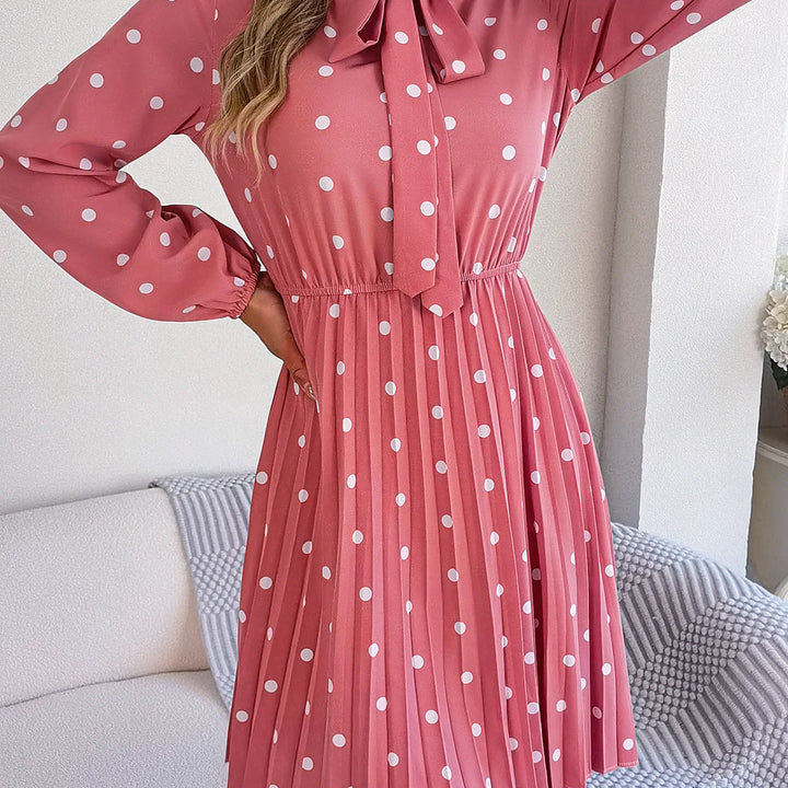 Casual Tie-neck Polka-dot Print Cinched Waist Pleat Dress For Women