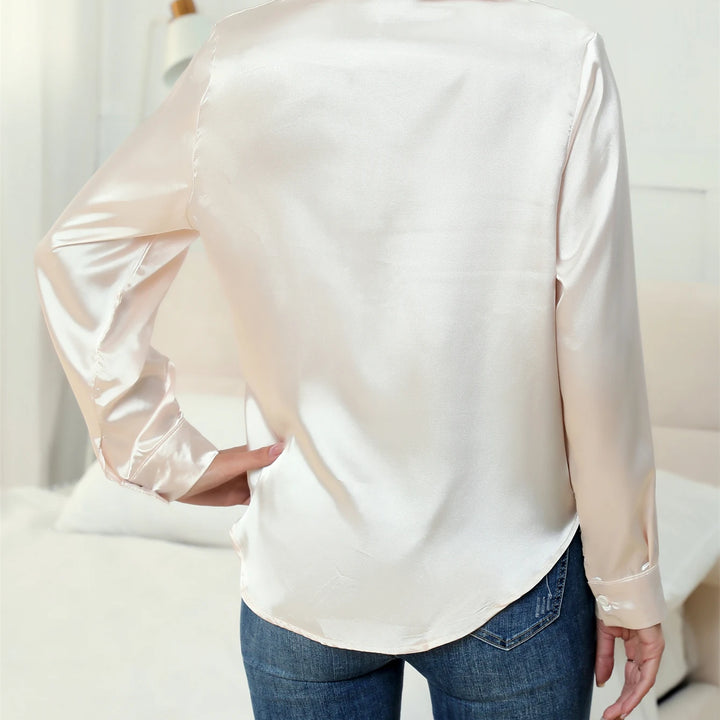 Casual Suit Collar Button Front Long sleeved Solid Color Satin Shirt For Women Blouse