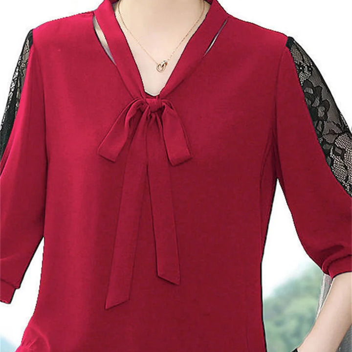 Women’s Spring Summer Blouse - Casual Bow Tie Collar Lace Sleeve Top