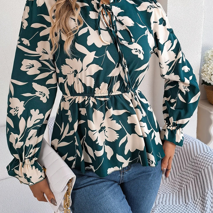 Vacation Style Tie Neck Long Sleeve Waist-tied Floral Print Blouse