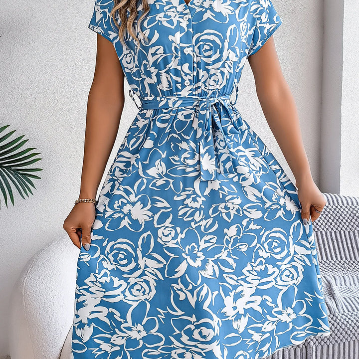 Vacation Style Short Sleeve V Neck Rose Print Button Front Belted Dress