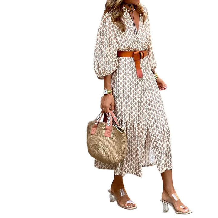 Autumn And Winter New Fashion Belt Printed V-neck Simple Temperament Long Dress