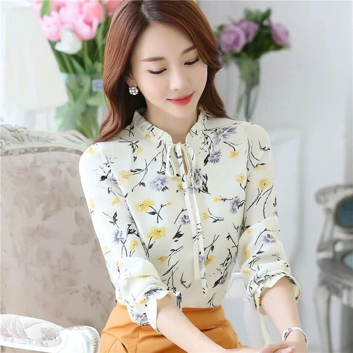 Women's Floral Bow Tie Blouse - Long Sleeve Spring Autumn Casual Shirt