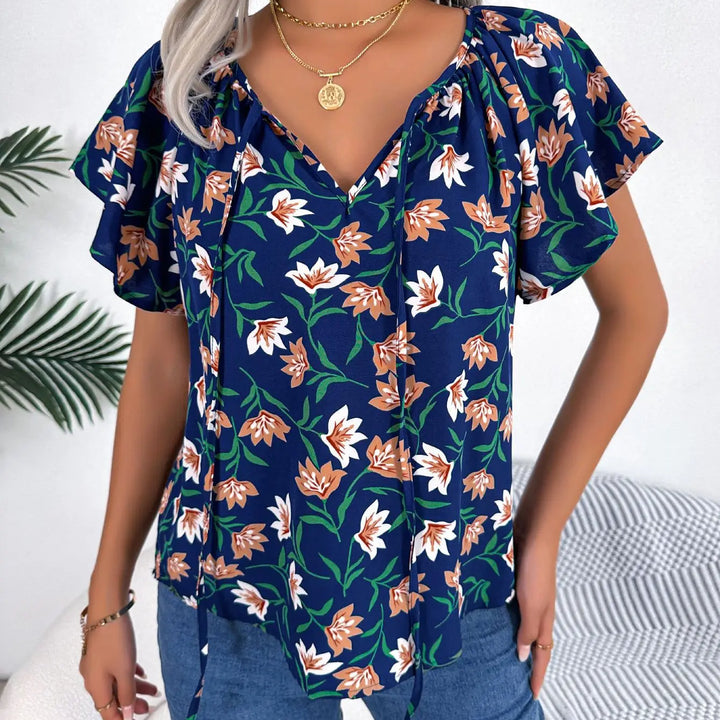 Floral Drawstring Blouse - Casual Crew Neck Short Sleeve Top