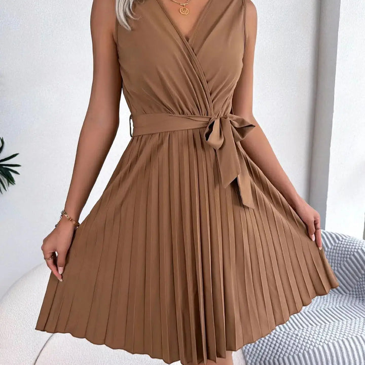 Casual V Neck Solid Sleeveless Versatile Pleated Dress, Women's Clothing