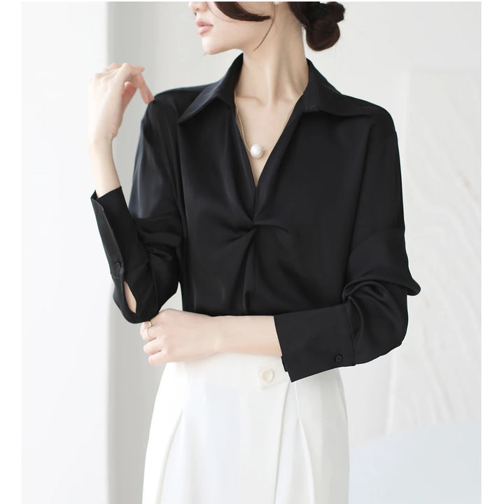 Autumn Casual Turn-Down Collar Blouse - Off-White Chiffon Long Sleeve Shirt